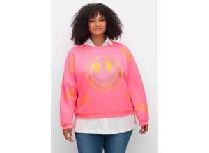 4063136923878 - Große Größen Sweatshirt mit Smiley-Frontdruck und Glitzersteinen pink Gr40