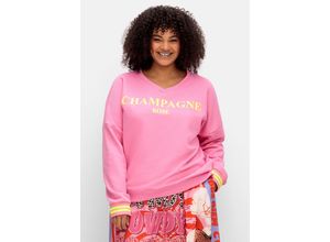 4063136924035 - Große Größen Sweatshirt mit Wordingprint und Streifenbündchen pink Gr40