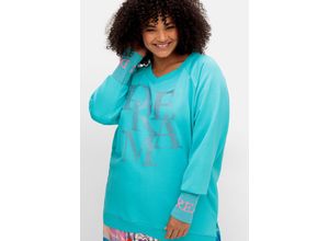 4063136924837 - Große Größen Sweatshirt mit Glitzer-Frontdruck und V-Ausschnitt türkis Gr40