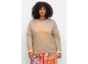 4063136925483 - Große Größen Sweatshirt mit Frontdruck und Ringelbündchen beigefarben bedruckt Gr42