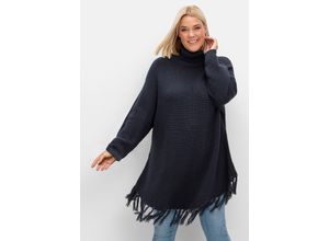 4063136926749 - Große Größen Gerippter Poncho-Pullover mit Fransensaum nachtblau Gr40 42