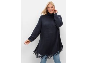 4063136926787 - Große Größen Gerippter Poncho-Pullover mit Fransensaum nachtblau Gr56 58