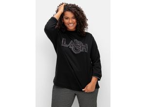 4063136928330 - Große Größen Sweatshirt mit Wording-Stickerei und Glitzersteinen schwarz Gr44 46