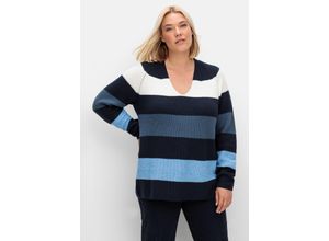 4063136928835 - Große Größen Pullover im Patentstrick mit Blockstreifen nachtblau gestreift Gr44 46