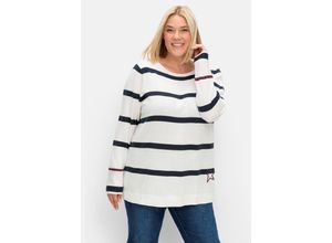 4063136929221 - Große Größen Gestreifter Pullover mit Stern-Stickerei aus Baumwolle offwhite gestreift Gr40 42