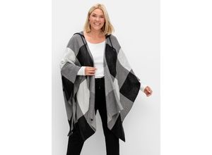 4063136929528 - Große Größen Kariertes Poncho-Cape mit Kapuze offene Form schwarz-weiß Gr1