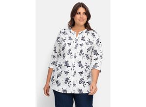 4063136935949 - Große Größen Longbluse mit Biesen und Blumenprint weiß-nachtblau Gr42