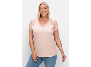 4063136936663 - Große Größen Shirt mit Zipper am Ausschnitt und Ärmeln aus Spitze rosa Gr42