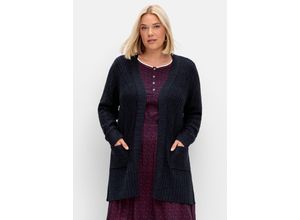 4063136942473 - Große Größen Lange Strickjacke mit Zickzack-Ajourmuster nachtblau meliert Gr44 46