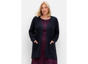 4063136942541 - Große Größen Lange Strickjacke mit Zickzack-Ajourmuster nachtblau meliert Gr56 58