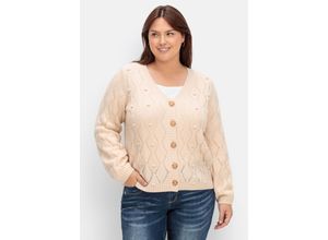 4063136943272 - Große Größen Kurze Lochmuster-Strickjacke mit Wollanteil offwhite Gr44 46