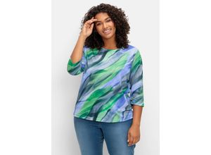 4063136963331 - Große Größen 3 4-Arm-Shirt mit Alloverdruck in gebatikter Optik royalblau-grasgrün bedruckt Gr40