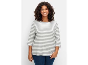 4063136963720 - Große Größen Ringelshirt mit 3 4-Arm aus reiner Baumwolle steingrau-offwhite Gr46