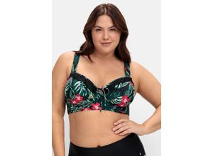 4063136982318 - Große Größen Bikini-Oberteil mit Volants und Tropical Print schwarz bedruckt Gr50C