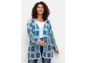 4063137003500 - Große Größen Strickjacke in Häkeloptik mit Crochet-Muster blau Gr56 58