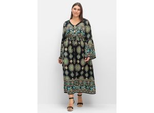 4063137008277 - Große Größen Maxikleid im Boho-Stil mit Trompetenärmeln schwarz gemustert Gr40