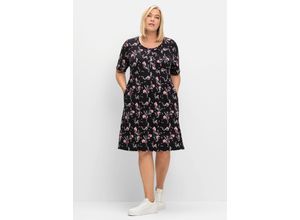 4063137011314 - Große Größen Kurzes Shirtkleid mit Allover-Blumendruck schwarz gemustert Gr44