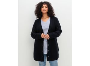 4063137015220 - Große Größen Longstrickjacke im Strukturmix mit V-Ausschnitt tiefblau Gr40 42