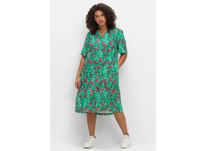 4063137029838 - Große Größen Kleid mit floralem Alloverprint und Seitentaschen blattgrün gemustert Gr40