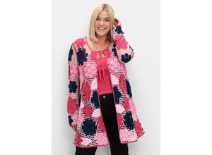 4063137030032 - Große Größen Lange Strickjacke in Häkeloptik mit Blütenmuster magenta gemustert Gr40 42