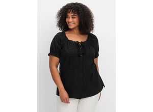 4063137035396 - Große Größen Bluse mit Lochstickerei und Carmen-Ausschnitt schwarz Gr52