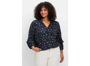 4063137037550 - Große Größen Twill-Bluse mit floralem Druck und Rüschendetails dunkelblau gemustert Gr40