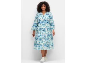 4063137040727 - Große Größen Kleid in A-Linie mit Blätterprint und Hohlsaumspitze weiß gemustert Gr46