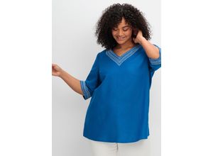 4063137042158 - Große Größen Bestickte Tunika in A-Linie mit Leinenanteil kobalt Gr40