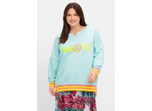 4063137052843 - Große Größen Sweatshirt mit Statementprint und Ringelbündchen hellblau bedruckt Gr42