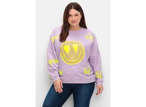 4063137053017 - Große Größen Sweatshirt mit Smiley-Frontdruck und Glitzersteinen flieder bedruckt Gr40