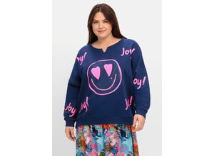 4063137053192 - Große Größen Sweatshirt mit Smiley-Frontdruck und Glitzersteinen royalblau bedruckt Gr40