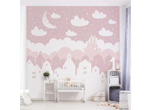 4063307121065 - Micasia - Vliestapete Kinderzimmer - Sternenhimmel mit Häusern und Mond in rosa - Fototapete Quadrat Größe HxB 192cm x 192cm