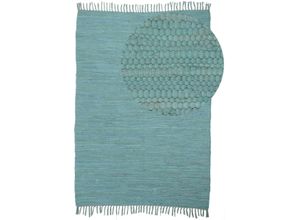 4063375090621 - Teppich HOME AFFAIRE Handweb Uni Wendeteppich Teppiche Gr B L 140 cm x 200 cm 5 mm 1 St blau (türkis) Fransenteppich Baumwollteppiche Fleckerlteppich reine Baumwolle handgewebt Uni mit Fransen