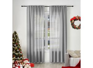 4063425182832 - 2er Gardinen Leinenoptik Vorhänge Halbtransparent Gardine mit Kräuselband für Schlafzimmer Wohnzimmer 135x225 cm Grau - Grau - Woltu