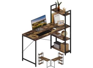 4063425196259 - Klihome Schreibtisch mit Regal Computertisch Bürotisch mit Metallgestell für Arbeitszimmer Homeoffice Holzwerkstoff 120x120x50cm Vintage-Braun +