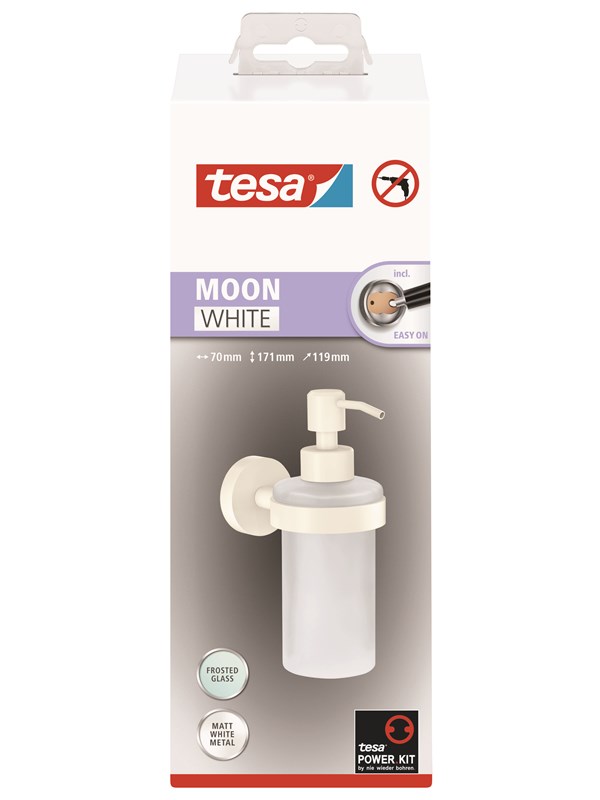 4063565127359 - tesa MOON WHITE Seifenspender matt weiß Pumpspender aus satiniertem Glas 200 ml - für Bäder im Industrial Style und moderne Badezimmer - bohrfrei