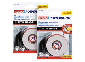 4063565133190 - 2x Powerbond ultra strong - Doppelseitiges extra starkes Montageband zur permanenten Befestigung im Außen- und Innenbereich - 15 m - weiß - Tesa