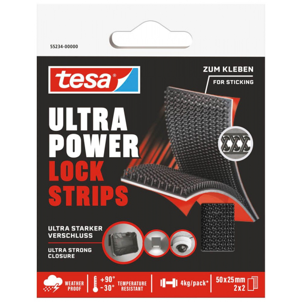 4063565403903 - tesa Ultra Power Lock Strips - selbstklebende Klettband-Streifen mit extrem starkem Klettverschluss - wetterfest UV- und temperaturbeständig