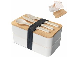 4063758331488 - Lunch Box Bento Box mit 3 Fächern und Besteck in Weiß - 185 x 105 x 93 cm - Brotdose für Erwachsene und Kinder für Schule und Arbeit sicher