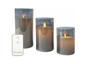 4063758340626 - 3x Kerzen flammenlose led Kerzen aus Wachs im Glas in Smoky Grau - 74 x 15  125   10 cm - Stumpenkerze mit Fernbedienung batteriebetrieben Deko Idee