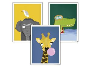 4063909033964 - - Kinderzimmer Poster Afrika 3er-Set 30 x 40 cm Giraffe Krokodil und Elefant