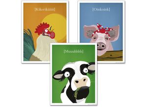 4063909037948 - - Kinderzimmer Poster Bauernhof 3er-Set 30 x 40 cm Schwein Kuh Hahn