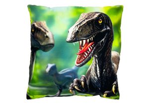 4063909359125 - Dinosaurier Dekokissen Raptor Velociraptor Wende Kissen grün braun schwarz beidseitig bedruckt 100 % Polyester im Polybeutel