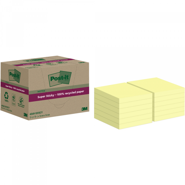 4064035060831 - Post-it Super Sticky Recycelte Haftnotizen 76 x 76 mm Kanariengelb 70 Blatt 12 Blöcke