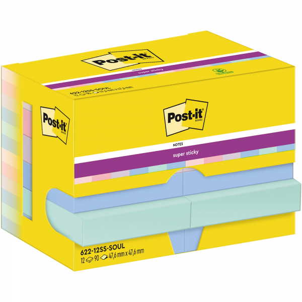 4064035065706 - Post-it Super Sticky Haftnotizen 622-12SS-SOUL 476 x 476 mm 90 Blatt pro Block Blau Grün Rosa Violett Quadratisch Unliniert 12 Stück