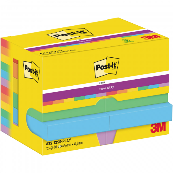 4064035065713 - Post-it Super Sticky Haftnotizen 622-12SS-PLAY 476 x 476 mm 90 Blatt pro Block Blau Gelb Grün Orange Rot Violett Quadratisch Unliniert 12 Stück