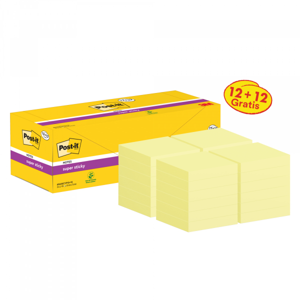 4064035065782 - Post-it Super Sticky Haftnotizen 76 x 76 mm Kanariengelb Packung mit 24 Blöcken à 90 Blatt 12+12 GRATIS