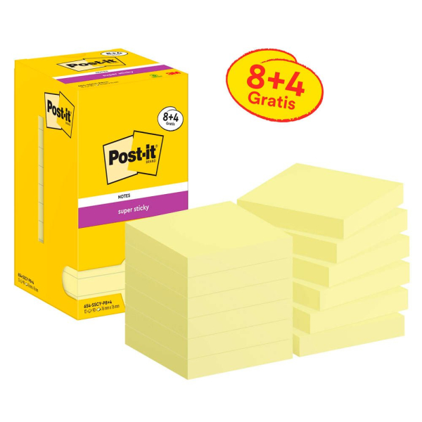 4064035072643 - Super Sticky Post-it 654-SSCY-P8+4 8 Blöcke 90 Blatt je Block je 76 x 76 mm PEFC-zertifiziert cellophanfrei verpackt gelb + 4 Blöcke gratis