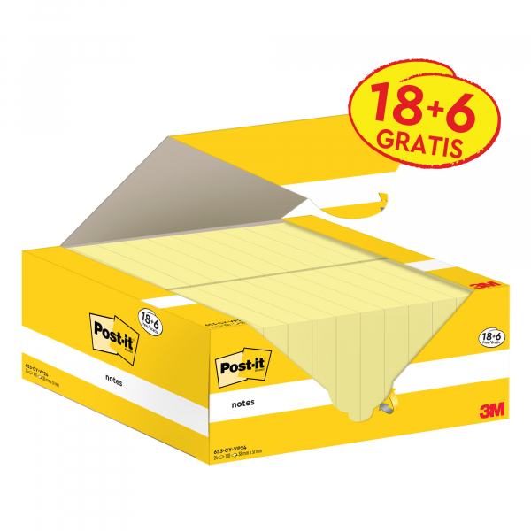 4064035128067 - Post-it Haftnotizen Kanariengelb 38 x 51 mm Packung mit 24 Blöcken à 100 Blatt Value Pack 18+6 GRATIS