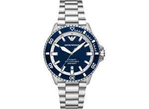 4064092292527 - Automatikuhr EMPORIO ARMANI Armbanduhren silberfarben (silberfarben blau) Herren Armbanduhr Herrenuhr Mechanische Uhr Edelstahlarmband analog Tag